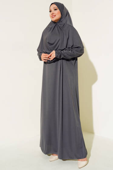 Boğazı Lastikli Namaz Elbisesi Füme - Elbise