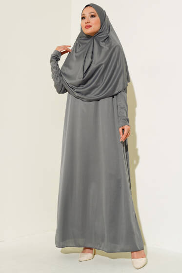 Boğazı Lastikli Namaz Elbisesi Gri - Elbise