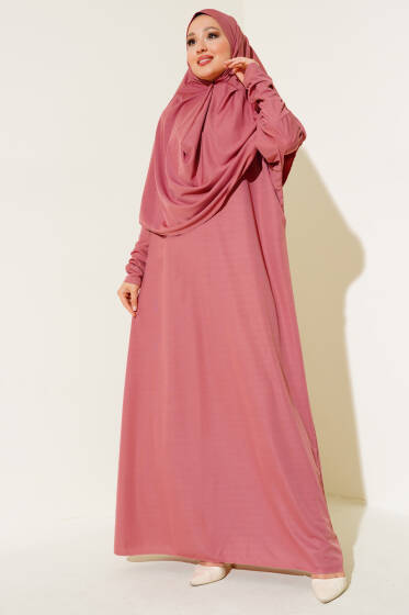 Boğazı Lastikli Namaz Elbisesi Gül Kurusu - Elbise