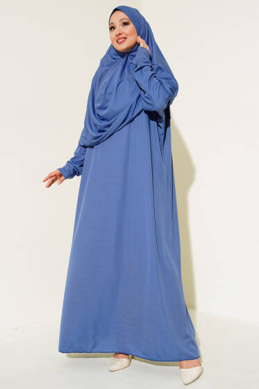 Boğazı Lastikli Namaz Elbisesi İndigo - Elbise