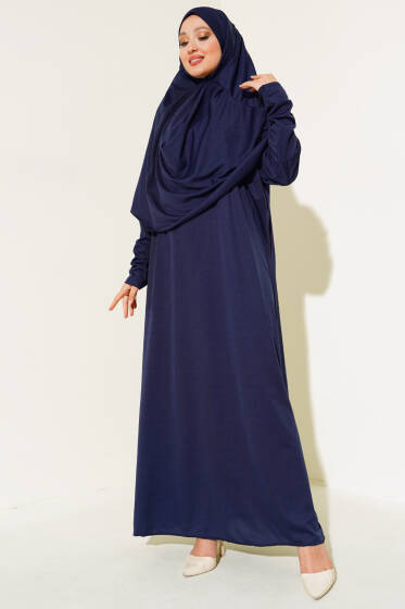 Boğazı Lastikli Namaz Elbisesi Lacivert - Elbise