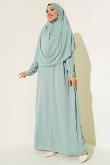 Boğazı Lastikli Namaz Elbisesi Su Yeşili - Elbise
