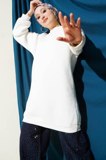 Boğazlı Balon Kollu Beyaz Tunik - Tunik