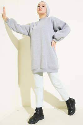 Boğazlı Balon Kollu Gri Tunik