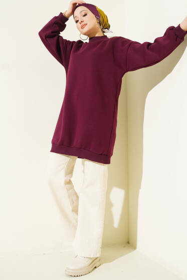 Boğazlı Balon Kollu Mürdüm Tunik - Tunik