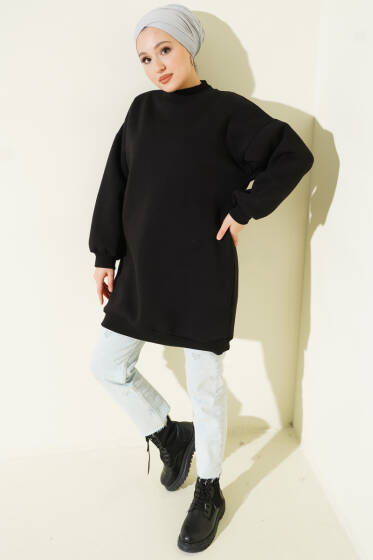 Boğazlı Balon Kollu Siyah Tunik - Tunik
