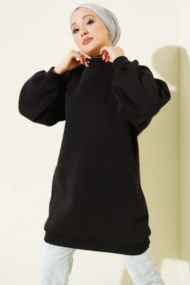 Boğazlı Balon Kollu Siyah Tunik - Tunik