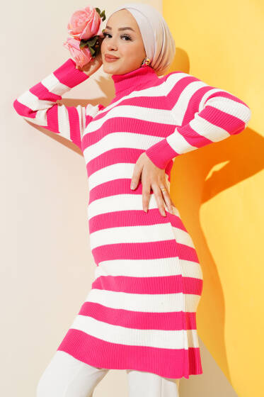 Boğazlı Çizgili Triko Tunik Fuşya - Tunik
