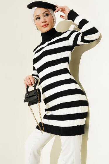 Boğazlı Çizgili Triko Tunik Siyah - Tunik
