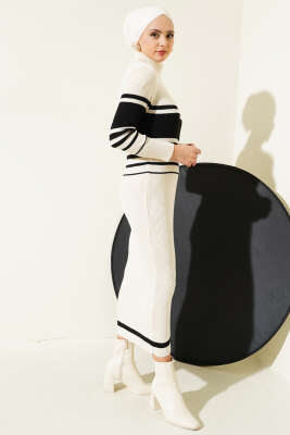 Boğazlı Fitilli Çizgili Triko Elbise Bej - Tesettür Elbise