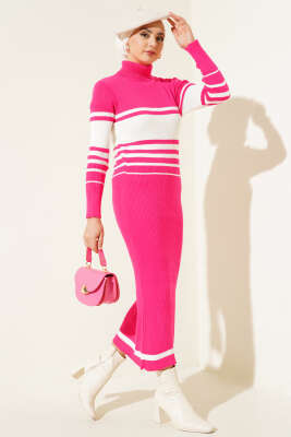 Boğazlı Fitilli Çizgili Triko Elbise Fuşya 