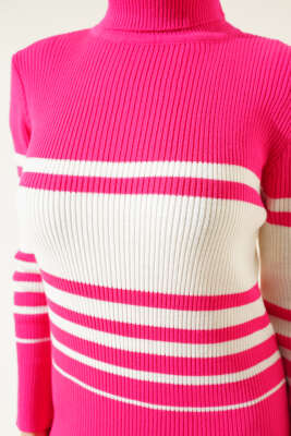 Boğazlı Fitilli Çizgili Triko Elbise Fuşya - Tesettür Elbise