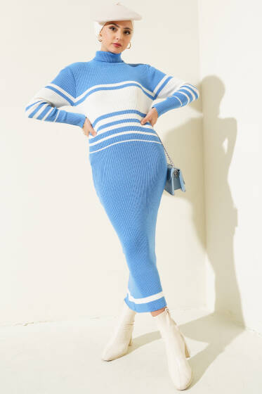 Boğazlı Fitilli Çizgili Triko Elbise İndigo - Elbise