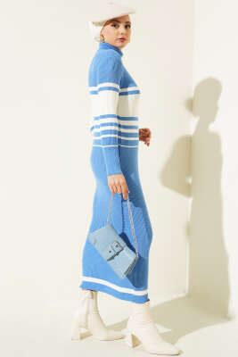 Boğazlı Fitilli Çizgili Triko Elbise İndigo - Tesettür Elbise