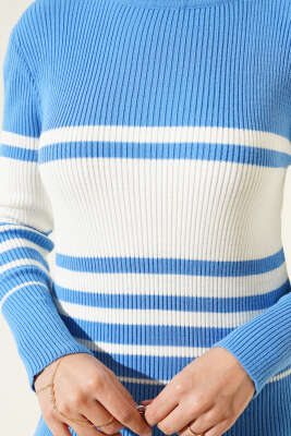 Boğazlı Fitilli Çizgili Triko Elbise İndigo - Tesettür Elbise