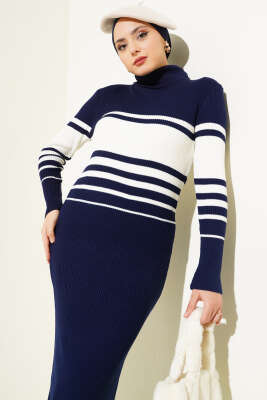 Boğazlı Fitilli Çizgili Triko Elbise Lacivert - Tesettür Elbise