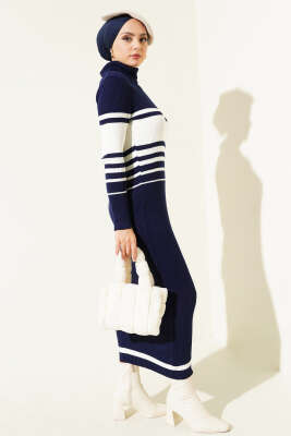 Boğazlı Fitilli Çizgili Triko Elbise Lacivert - Tesettür Elbise