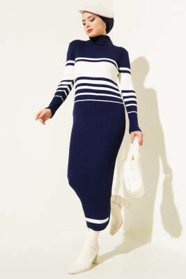 Boğazlı Fitilli Çizgili Triko Elbise Lacivert - PUDRA OFFICIAL