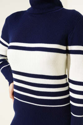 Boğazlı Fitilli Çizgili Triko Elbise Lacivert - Tesettür Elbise