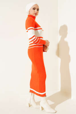 Boğazlı Fitilli Çizgili Triko Elbise Oranj - Tesettür Elbise