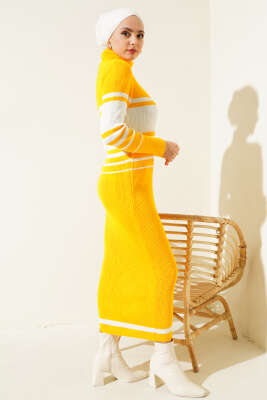 Boğazlı Fitilli Çizgili Triko Elbise Sarı - Tesettür Elbise