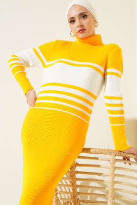 Boğazlı Fitilli Çizgili Triko Elbise Sarı - Tesettür Elbise