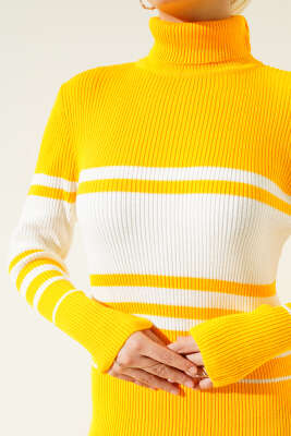 Boğazlı Fitilli Çizgili Triko Elbise Sarı - Tesettür Elbise