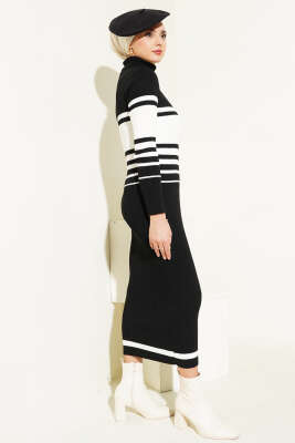 Boğazlı Fitilli Çizgili Triko Elbise Siyah - Tesettür Elbise