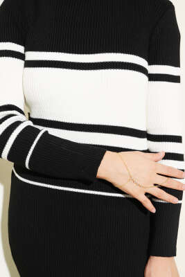 Boğazlı Fitilli Çizgili Triko Elbise Siyah - Tesettür Elbise