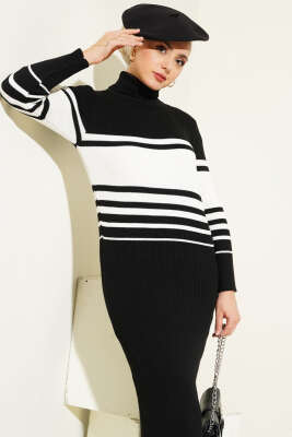 Boğazlı Fitilli Çizgili Triko Elbise Siyah - Tesettür Elbise