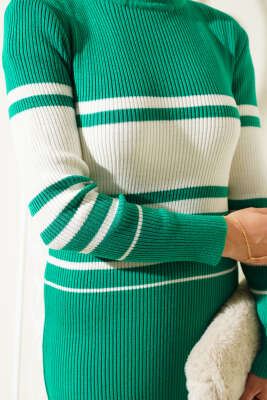 Boğazlı Fitilli Çizgili Triko Elbise Yeşil - Tesettür Elbise