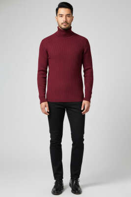 Boğazlı Fitilli Erkek Triko Kazak Bordo - Erkek Kazak