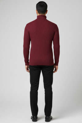 Boğazlı Fitilli Erkek Triko Kazak Bordo - Erkek Kazak