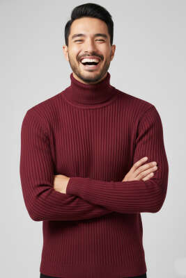 Boğazlı Fitilli Erkek Triko Kazak Bordo 