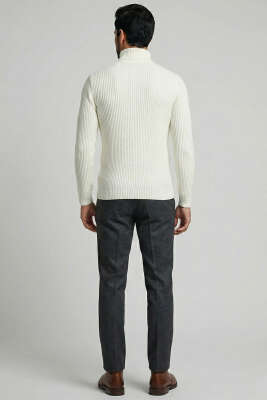 Boğazlı Fitilli Erkek Triko Kazak Ekru - Erkek Kazak