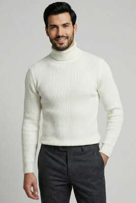 Boğazlı Fitilli Erkek Triko Kazak Ekru 