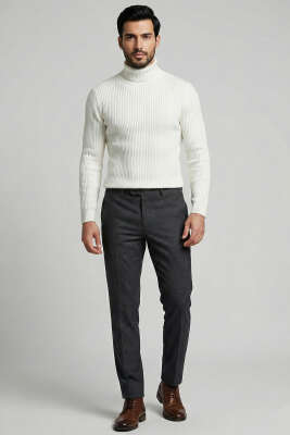 Boğazlı Fitilli Erkek Triko Kazak Ekru - Erkek Kazak