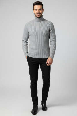 Boğazlı Fitilli Erkek Triko Kazak Gri - Erkek Kazak