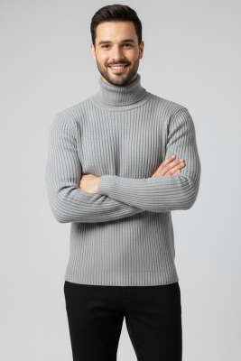 Boğazlı Fitilli Erkek Triko Kazak Gri - BEKTAŞ