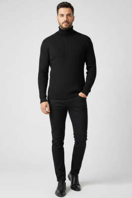 Boğazlı Fitilli Erkek Triko Kazak Siyah - Erkek Kazak