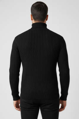 Boğazlı Fitilli Erkek Triko Kazak Siyah - Erkek Kazak