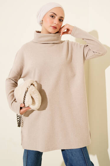 Boğazlı Fitilli Kaşe Tunik Bej - Tunik