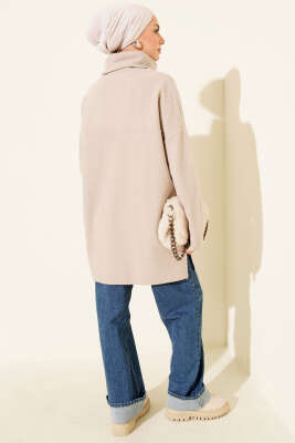 Boğazlı Fitilli Kaşe Tunik Bej - Tunik