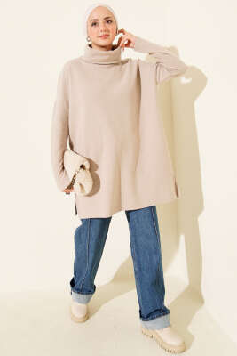 Boğazlı Fitilli Kaşe Tunik Bej - Yılın Fırsatı