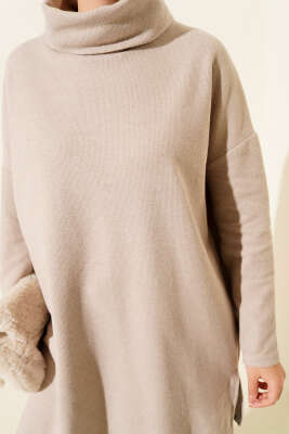 Boğazlı Fitilli Kaşe Tunik Bej - Yılın Fırsatı