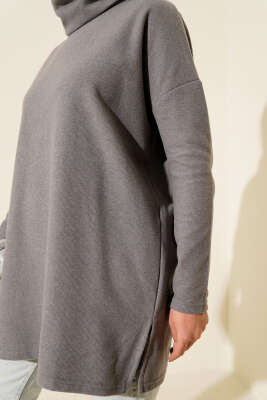 Boğazlı Fitilli Kaşe Tunik Gri - Tunik