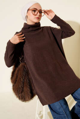 Boğazlı Fitilli Kaşe Tunik Kahve - SAS