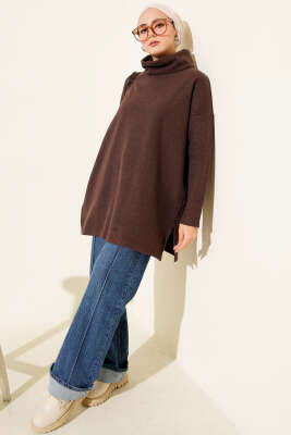 Boğazlı Fitilli Kaşe Tunik Kahve - Tunik
