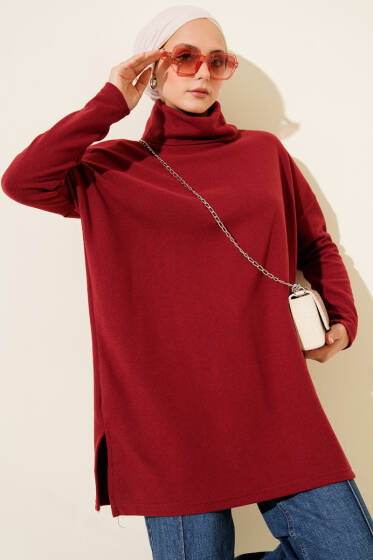 Boğazlı Fitilli Kaşe Tunik Kırmızı - Tunik