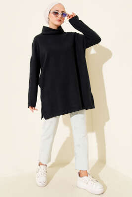 Boğazlı Fitilli Kaşe Tunik Lacivert - Tunik